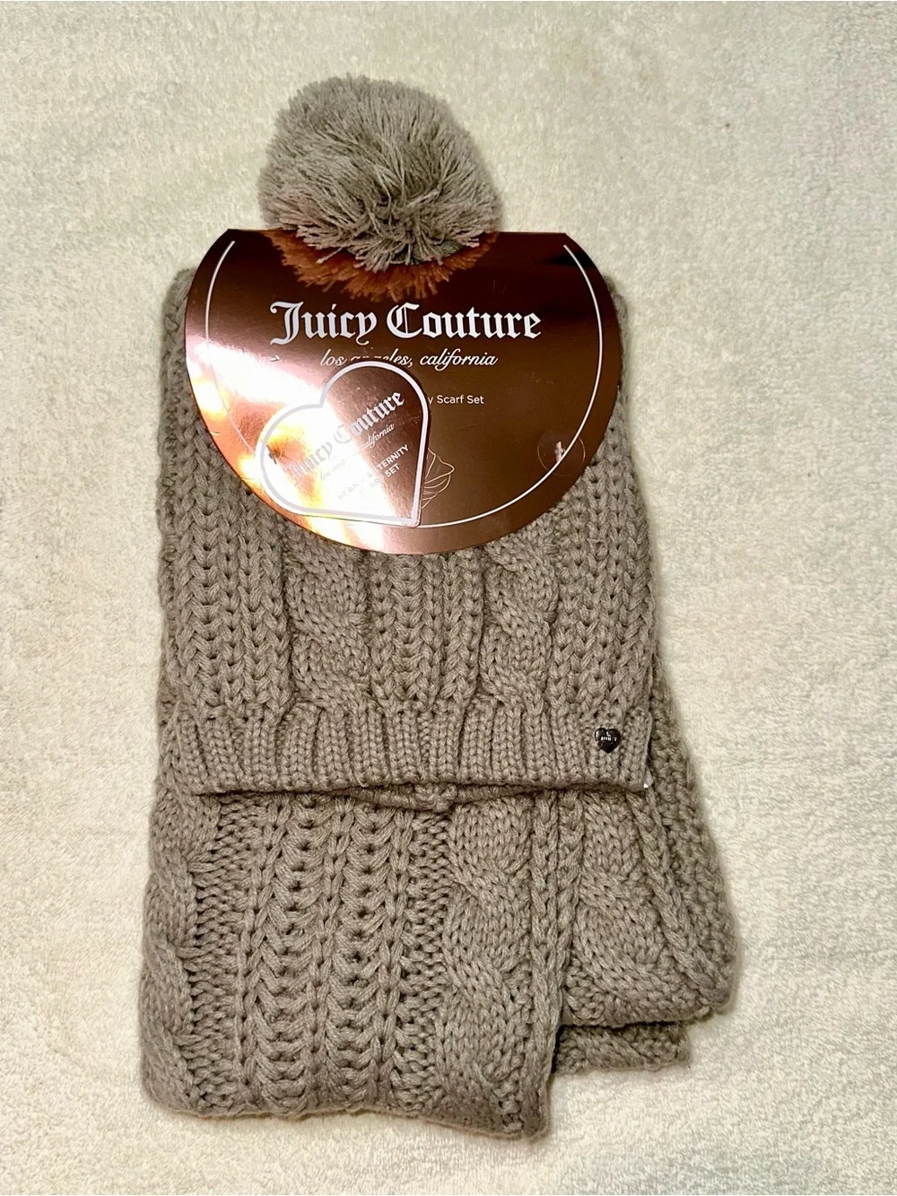 Juicy Couture Beanie Hat Infinity Scarf Set NWT Taupe Beige Cable Knit Winter
